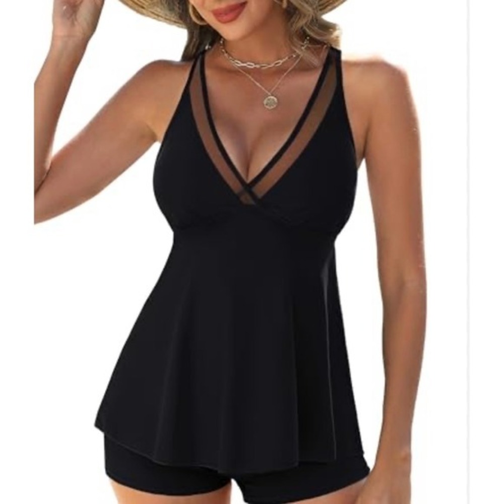NEW‎ Kate Kasin Black Medium Mesh V-Neck Tankini Swim Top Swimwear Beach